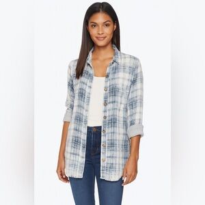 J Jill Lined Blue Plaid Flannel Button Up Shirt Acid‎ Wash Distress Relax Fit S